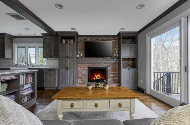 Fireplace, Interior, Kitchen, Recessed Lighting, Stone Walls, Wood Texture Flooring