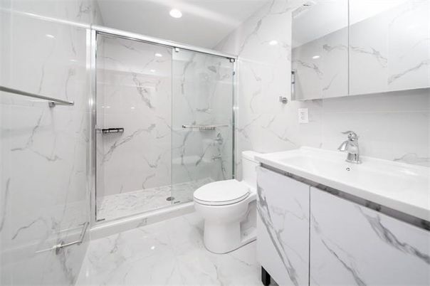 Bathroom, Glass Shower, Interior, Marble, Marble Walls, Recessed Lighting