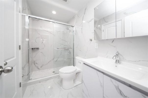 Bathroom, Glass Shower, Interior, Marble, Marble Walls, Recessed Lighting