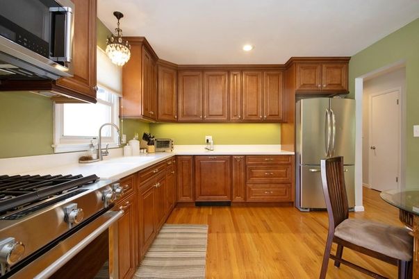 Chandelier, Interior, Kitchen, Recessed Lighting, Stainless Steel Appliances, Wood Texture Flooring