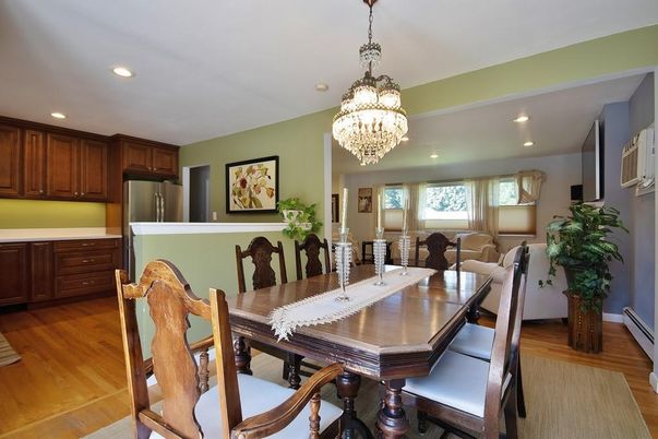 Chandelier, Dining room, Interior, Kitchen, Recessed Lighting, Wood Texture Flooring