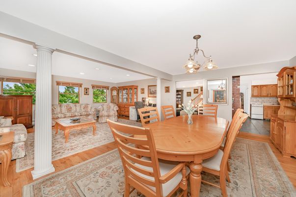 Chandelier, Dining room, Interior, Kitchen, Living room, Pendant Lights, Recessed Lighting, Wood Texture Flooring