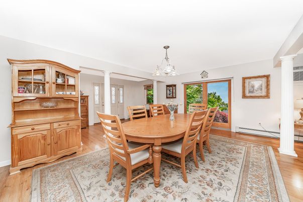 Dining room, Interior, Pendant Lights, Wood Texture Flooring