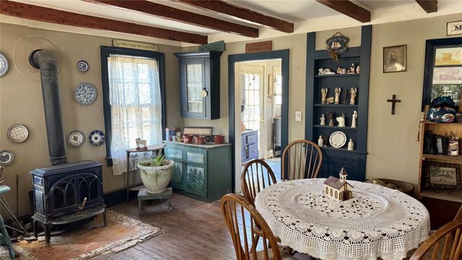 Dining room, Fireplace, Interior, Wooden Beams, Wood Texture Flooring