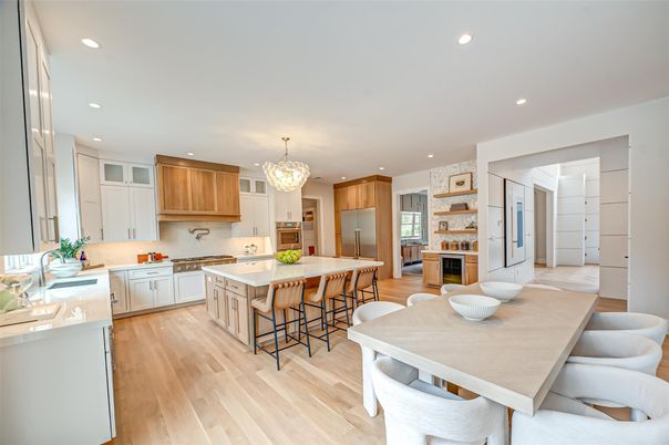 Chandelier, Interior, Kitchen, Recessed Lighting, Stainless Steel Appliances, Wood Texture Flooring