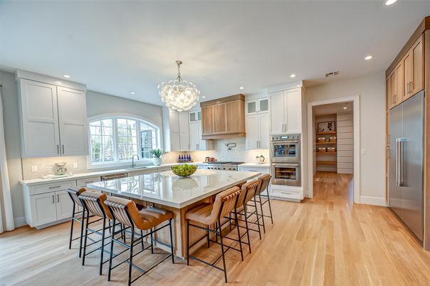 Chandelier, Interior, Kitchen, Recessed Lighting, Stainless Steel Appliances, Wood Texture Flooring