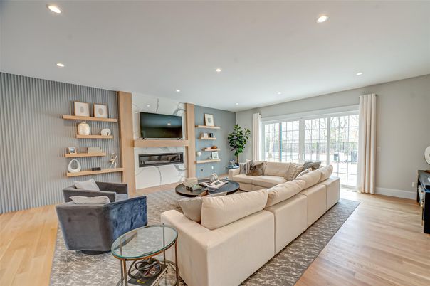 Fireplace, Interior, Living room, Recessed Lighting, Wood Texture Flooring