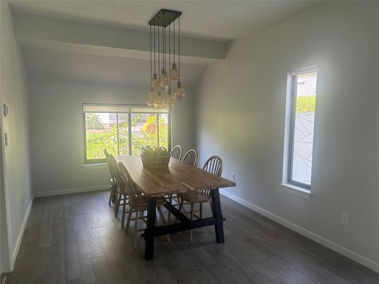 Dining room, Interior, Pendant Lights, Wood Texture Flooring