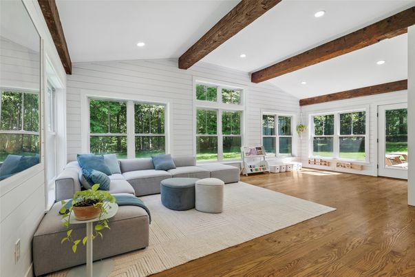 Interior, Living room, Recessed Lighting, Wooden Beams, Wood Texture Flooring