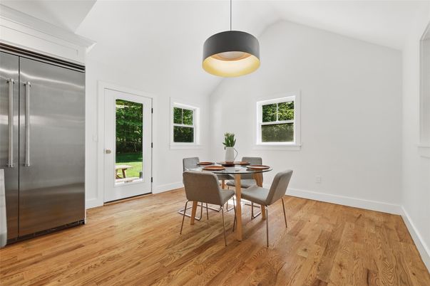 Dining room, Interior, Pendant Lights, Stainless Steel Appliances, Wood Texture Flooring