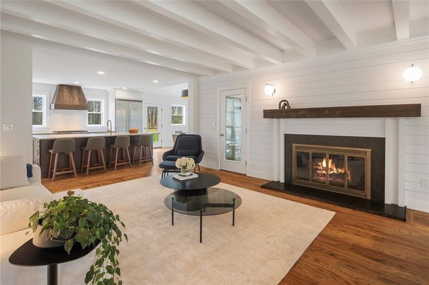 Fireplace, Interior, Kitchen, Living room, Pendant Lights, Recessed Lighting, Wood Texture Flooring