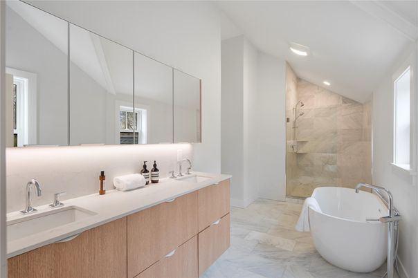 Bathroom, Dual Sink Vanities, Free Standing Baths, Glass Shower, Interior, Marble, Marble Walls, Recessed Lighting