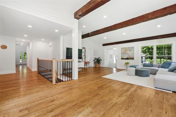 Interior, Living room, Recessed Lighting, Wooden Beams, Wood Texture Flooring