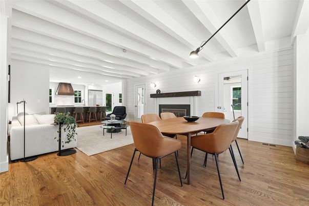 Dining room, Fireplace, Interior, Kitchen, Living room, Recessed Lighting, Wood Texture Flooring