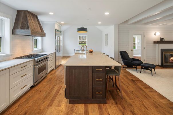 Fireplace, Interior, Kitchen, Recessed Lighting, Stainless Steel Appliances, Wood Texture Flooring