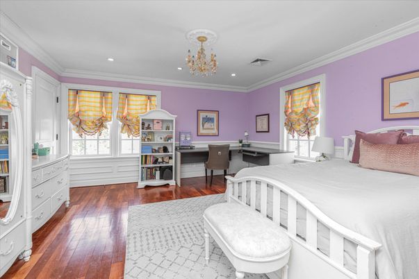 Bedroom, Chandelier, Home Office, Interior, Recessed Lighting, Wood Texture Flooring