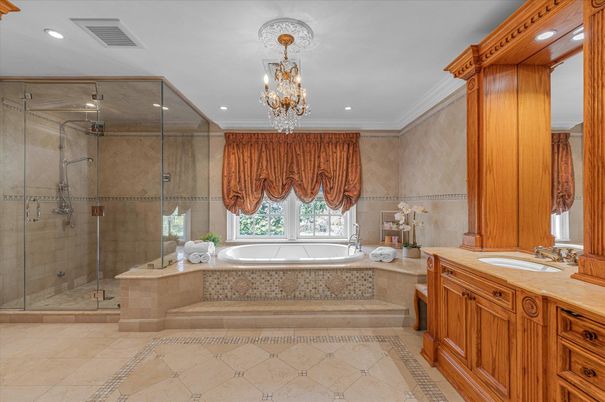 Bathroom, Chandelier, Glass Shower, Interior, Recessed Lighting