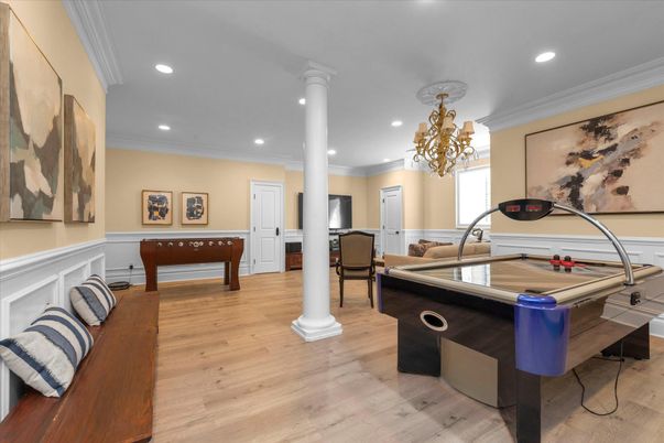 Chandelier, Game Room, Interior, Recessed Lighting, Wood Texture Flooring