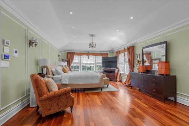 Bedroom, Chandelier, Interior, Recessed Lighting, Wood Texture Flooring