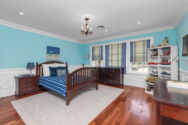 Bedroom, Chandelier, Interior, Recessed Lighting, Wood Texture Flooring