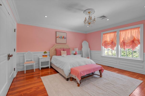 Bedroom, Chandelier, Interior, Recessed Lighting, Wood Texture Flooring