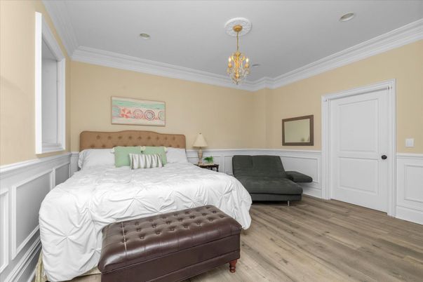 Bedroom, Chandelier, Interior, Recessed Lighting, Wood Texture Flooring