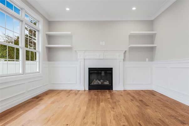 Empty room, Fireplace, Interior, Recessed Lighting, Wood Texture Flooring