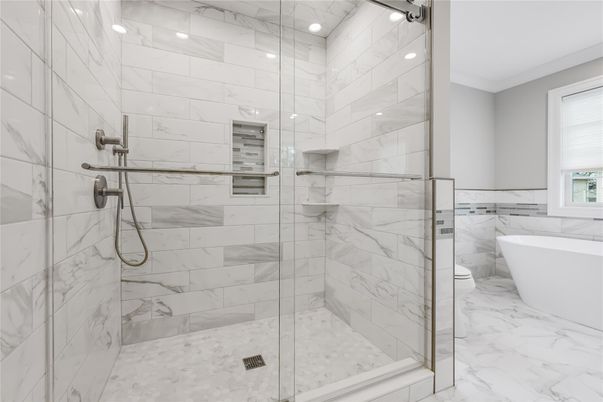 Bathroom, Free Standing Baths, Glass Shower, Interior, Marble, Marble Walls, Recessed Lighting