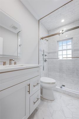 Bathroom, Glass Shower, Interior, Marble, Marble Walls, Recessed Lighting