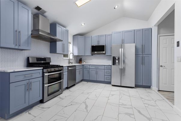 Interior, Kitchen, Marble, Recessed Lighting, Stainless Steel Appliances