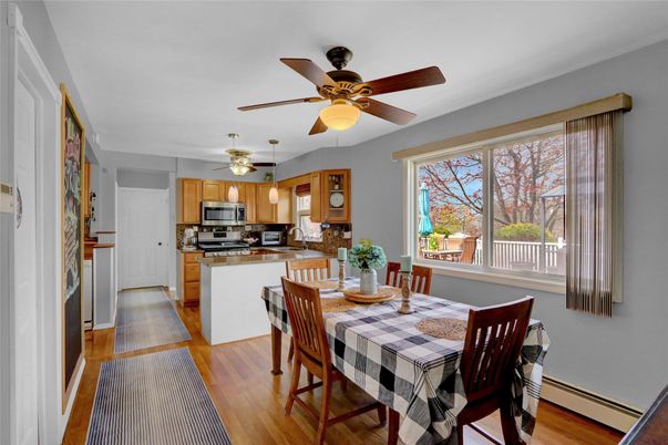 Dining room, Interior, Kitchen, Stainless Steel Appliances, Wood Texture Flooring