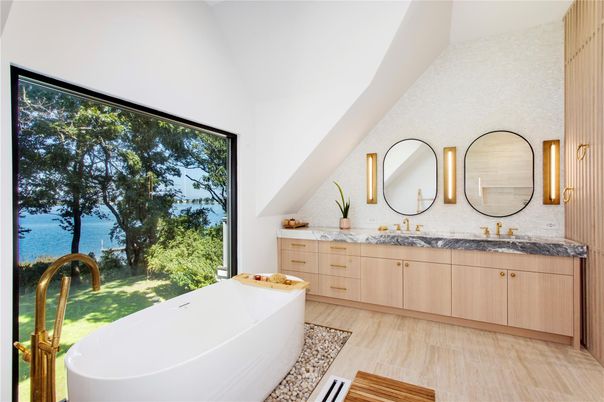 Bathroom, Dual Sink Vanities, Free Standing Baths, Interior, Water, Wood Texture Flooring
