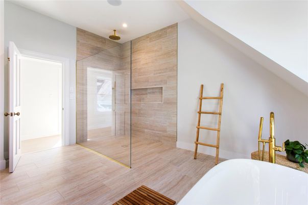 Bathroom, Glass Shower, Interior, Recessed Lighting, Wood Texture Flooring