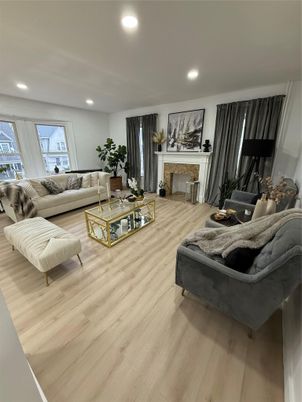 Fireplace, Interior, Living room, Recessed Lighting, Wood Texture Flooring