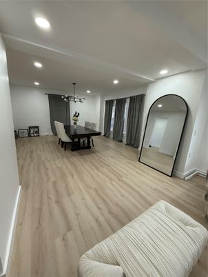 Dining room, Interior, Pendant Lights, Recessed Lighting, Wood Texture Flooring