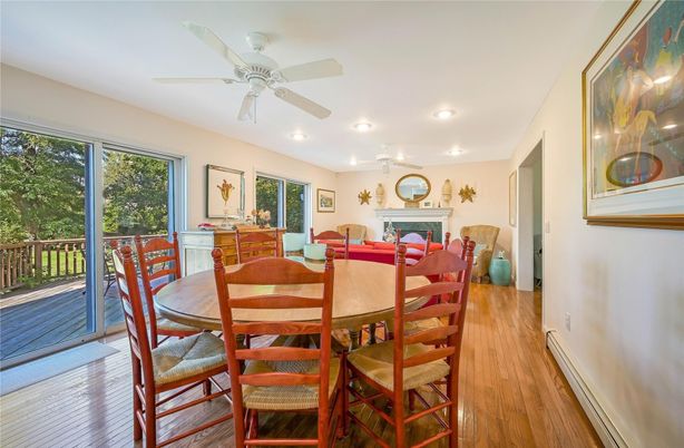 Dining room, Fireplace, Interior, Recessed Lighting, Wood Texture Flooring