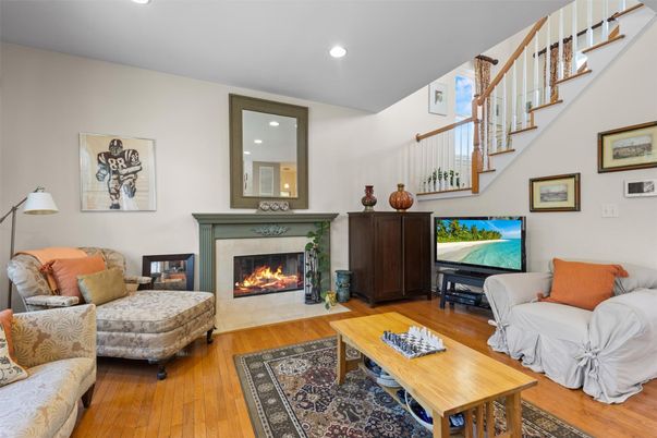 Fireplace, Interior, Living room, Recessed Lighting, Wood Texture Flooring