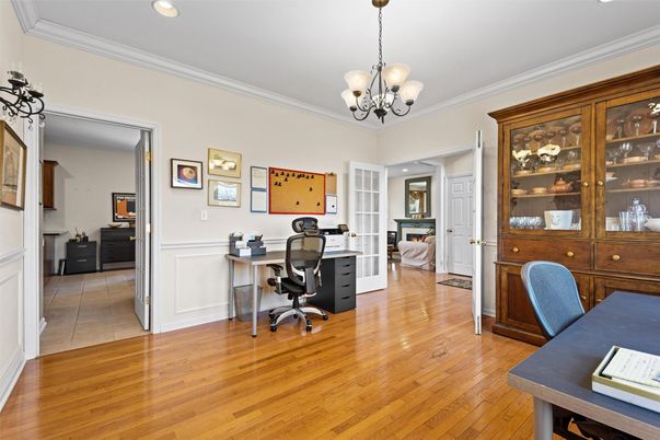 Chandelier, Home Office, Interior, Recessed Lighting, Wood Texture Flooring