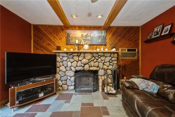 Fireplace, Interior, Living room, Recessed Lighting, Wooden Walls