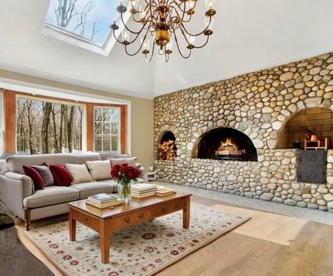 Chandelier, Fireplace, Interior, Living room, Stone Walls, Wood Texture Flooring