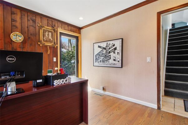 Home Office, Interior, Recessed Lighting, Wood Texture Flooring, Wooden Walls