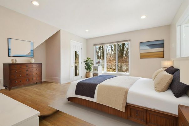 Bedroom, Interior, Recessed Lighting, Wood Texture Flooring