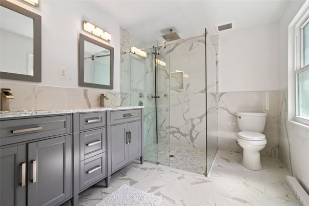 Bathroom, Dual Sink Vanities, Glass Shower, Interior, Marble, Marble Walls