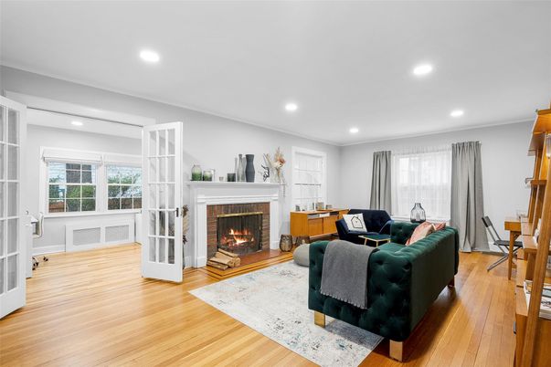 Fireplace, Interior, Living room, Recessed Lighting, Wood Texture Flooring