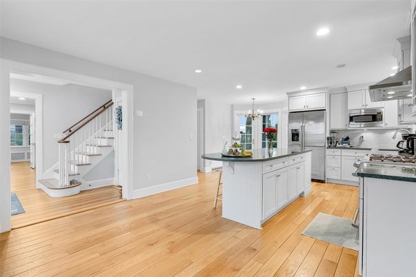 Chandelier, Interior, Kitchen, Recessed Lighting, Stainless Steel Appliances, Wood Texture Flooring