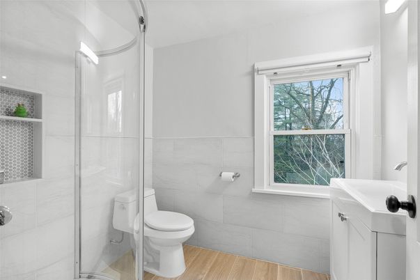 Bathroom, Glass Shower, Interior, Wood Texture Flooring