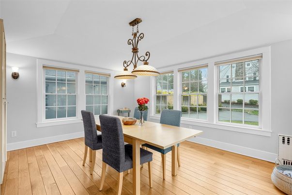Dining room, Interior, Pendant Lights, Wood Texture Flooring