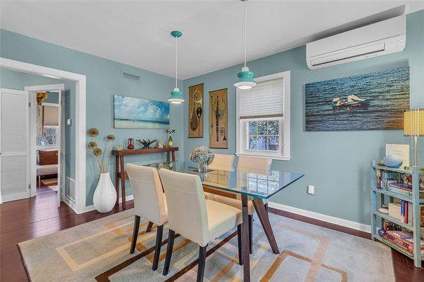 Dining room, Interior, Pendant Lights, Wood Texture Flooring