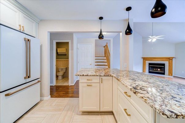 Fireplace, Interior, Pendant Lights, Wood Texture Flooring
