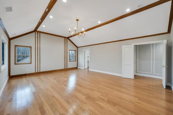 Chandelier, Empty room, Interior, Pendant Lights, Recessed Lighting, Wooden Beams, Wood Texture Flooring